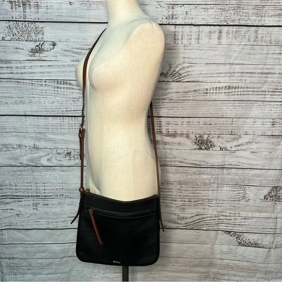 Fossil Black Leather Crossbody Purse Brown Cowhide Leather - Picture 16 of 16